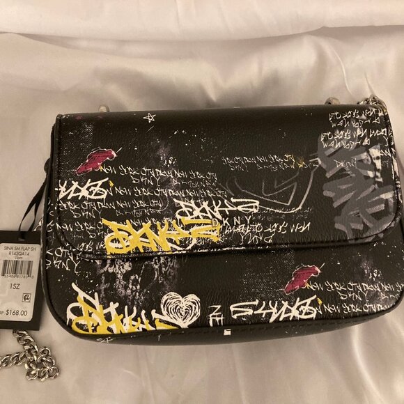 NWT Dkny Sina Small Flap Shoulder Bag Black Multi Graffiti Print Silver Chain - Picture 1 of 4